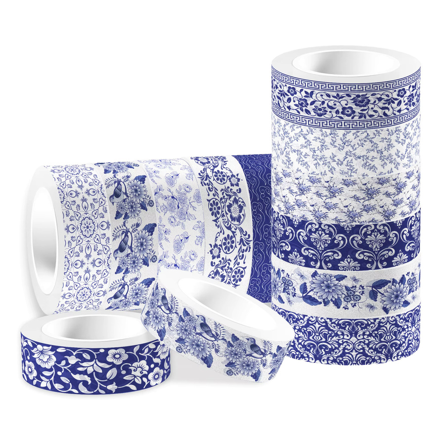 12 Stück Washi Tape Set mit blau-weißem Porzellan-Design und Blumenmustern für Scrapbooking und DIY Dekoration - Bild 4