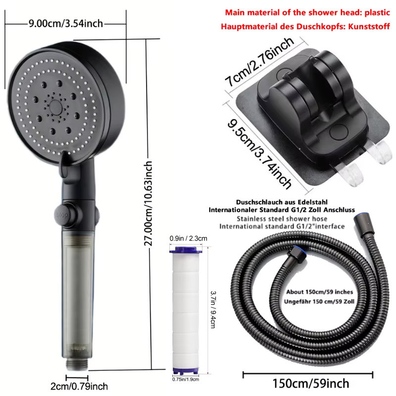 IOUHAPPY Duschkopf Set mit Handbrause und Filter in Matt Schwarz, 5 Funktionen, Hochdruck-Regenduschkopf mit Ein-/Ausschalter, 1,5 m Schlauch und Halterung - Bild 6
