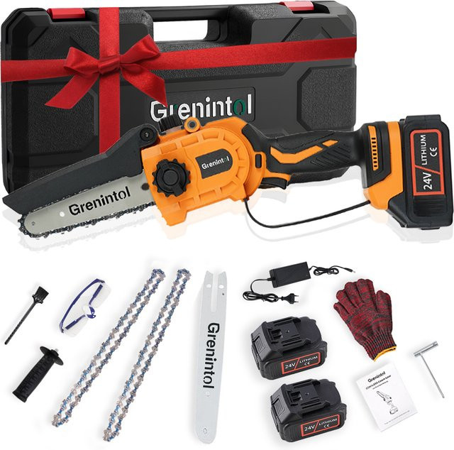 Grenintol Akku-Kettensäge 6 Zoll mit 6000mAh Akku und automatischem Öler in Orange für Baumschnitt und Gartenarbeit - Bild 1