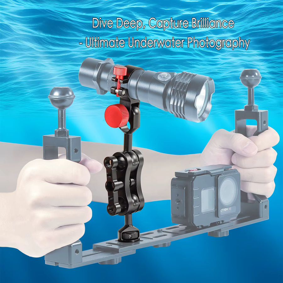 FEICHAO YS-Halterung aus Aluminium für Unterwasserfotografie in Schwarz mit verstellbarem Taschenlampenclip und 1 Zoll Kugelkopf-Adapter für Durchmesser 30–32 mm - Bild 2
