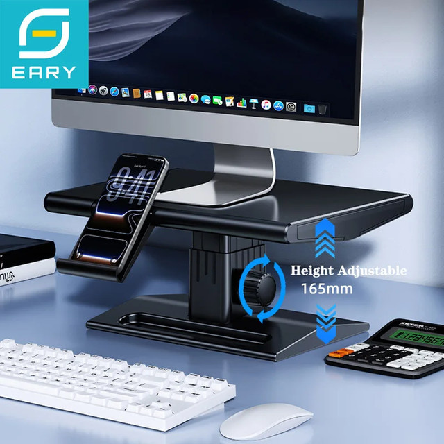 EARY Monitorarm in Schwarz als ergonomischer Desktop-Monitorhalter und Laptop-Ständer mit Telefonhalterung und höhenverstellbarer Funktion für deinen Schreibtisch - Bild 1