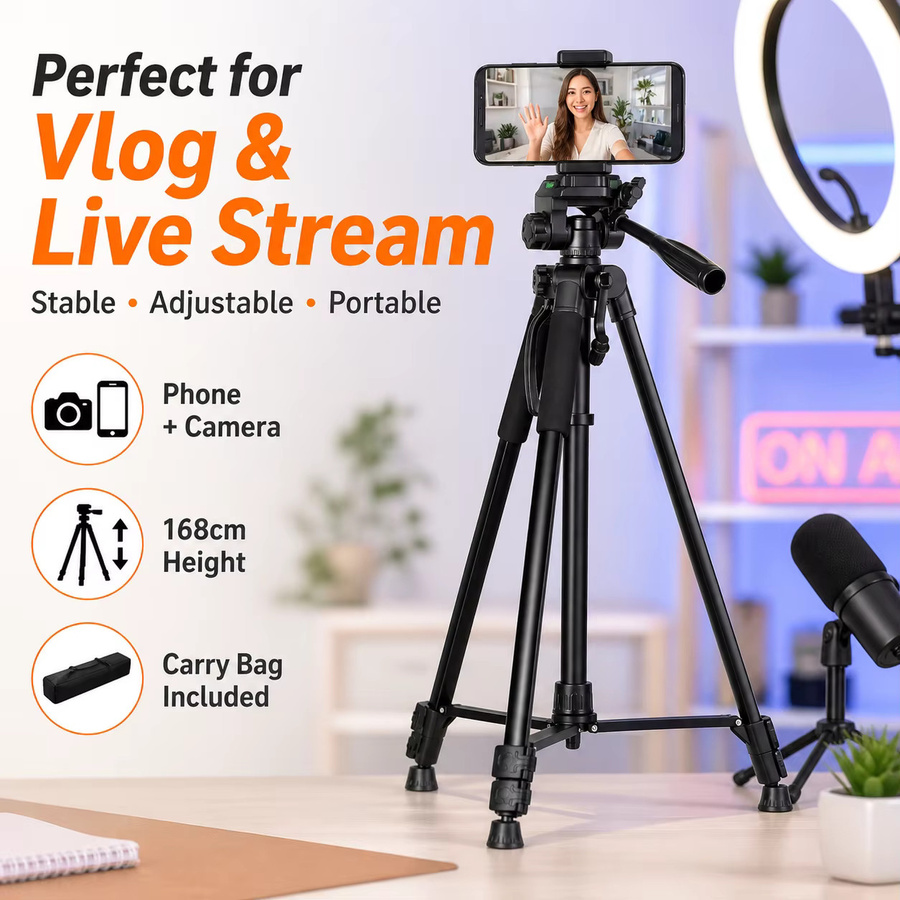 Tragbares Aluminium-Kamerastativ mit Handyhalterung in Schwarz, Höhe: 168 cm, ideal für DSLR, Smartphone, Live-Streaming und Fotografie - Bild 5