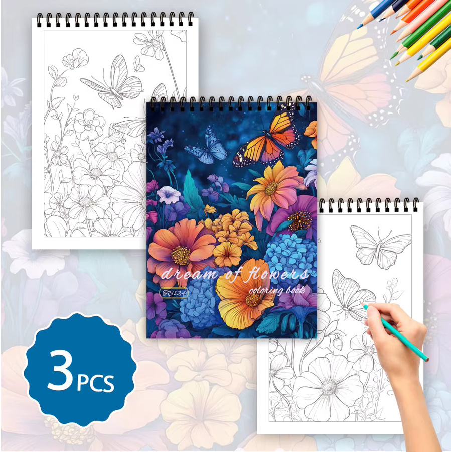 3-teiliges Malbuch-Set für Erwachsene mit Fantasy-Sternen, Mond und Blumenmustern, 30 Seiten, spiralförmig gebunden, mehrfarbig - Bild 3