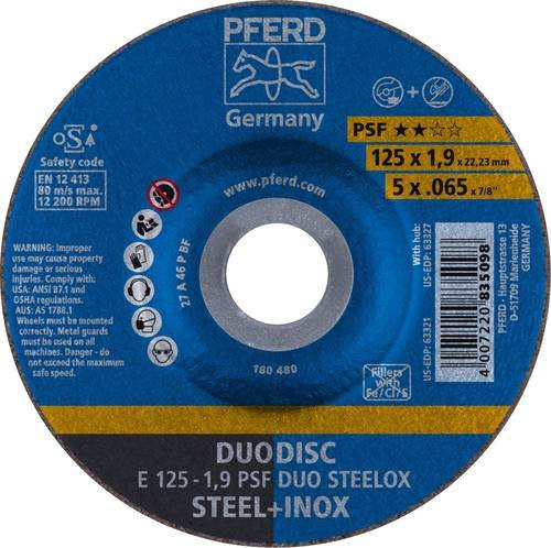 PFERD Kombischeibe PSF DUODISC STEELOX zum Trennen und Schleifen für Stahl und Edelstahl, Durchmesser: 125 mm, Dicke: 1,9 mm, Bohrung: 22,23 mm, Farbe: Blau - Bild 1