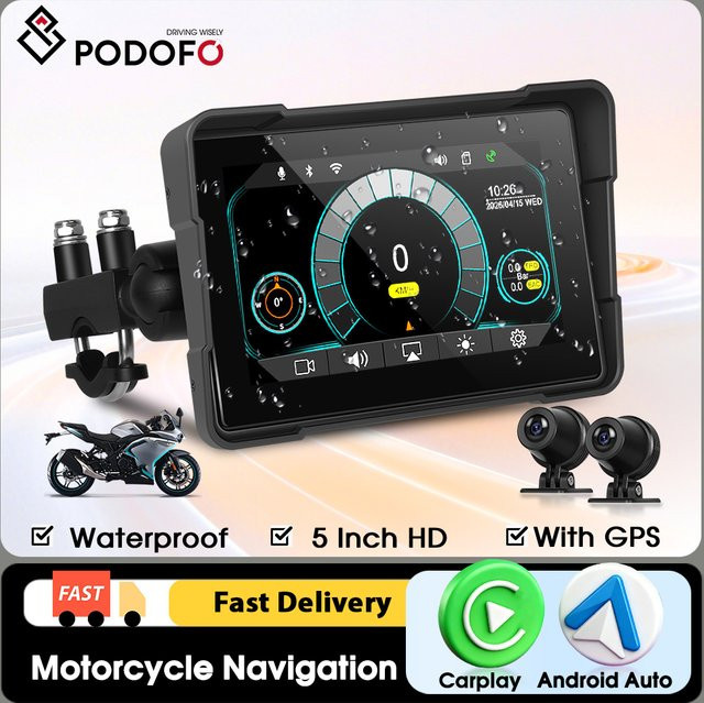 Podofo 5-Zoll Tragbarer Motorrad-Smart-Player mit Wireless CarPlay und Android Auto, IP68 Wasserdichte Digitale Motorrad-Navigation in Schwarz mit 2 Kameras und TPMS-Unterstützung - Bild 1
