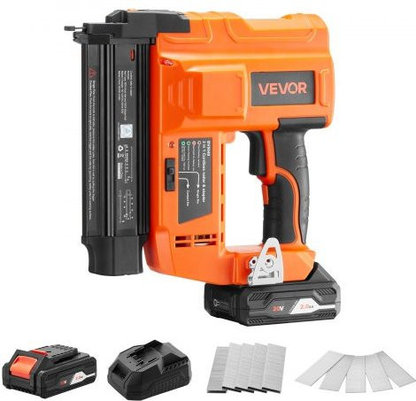 VEVOR 2-in-1 Akku-Nagler und Tacker 18 Gauge, 20V mit 2,0 Ah Lithium-Ionen-Batterie und Ladegerät, Orange/Schwarz - Bild 1