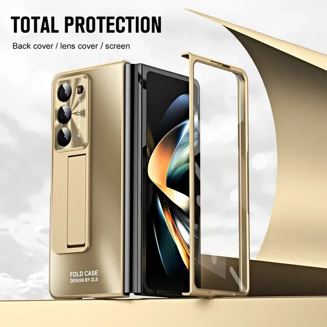Samsung Galaxy Z Fold 6 5 4 3 5G Schutzhülle mit Scharnierabdeckung, Stifthalter und mattem Vollbildschutz in Gold - Bild 1