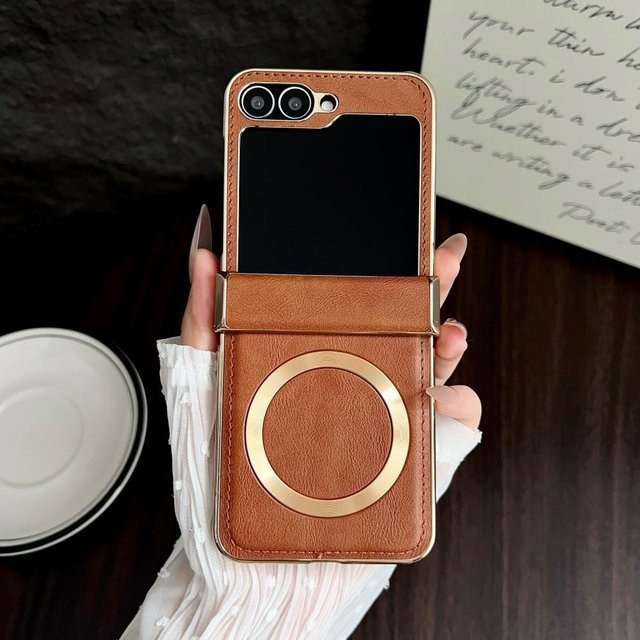 Magnetische Lederhülle mit Scharnierschutz für Samsung Galaxy Z Flip 6 5 4 3 7 Stoßfeste 2in1 Bumper Case in Schwarz, Weiß, Rot, Blau oder Braun - Bild 1