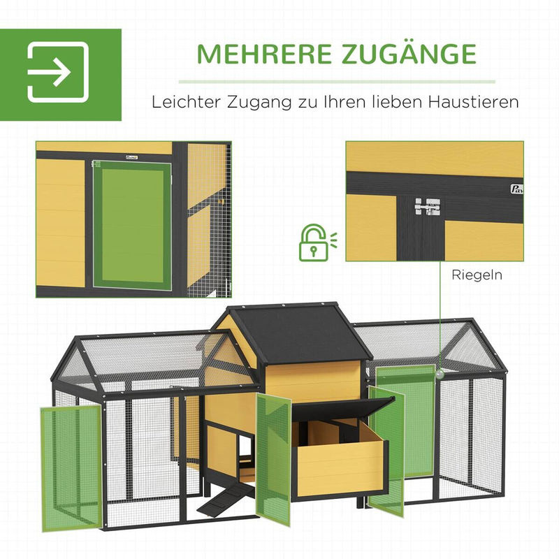 PawHut Hühnerstall aus Holz mit 2 Außengehegen, Nistkasten und Rampen, Gelb, B/T/H: 125 x 247 x 113,5 cm - Bild 6