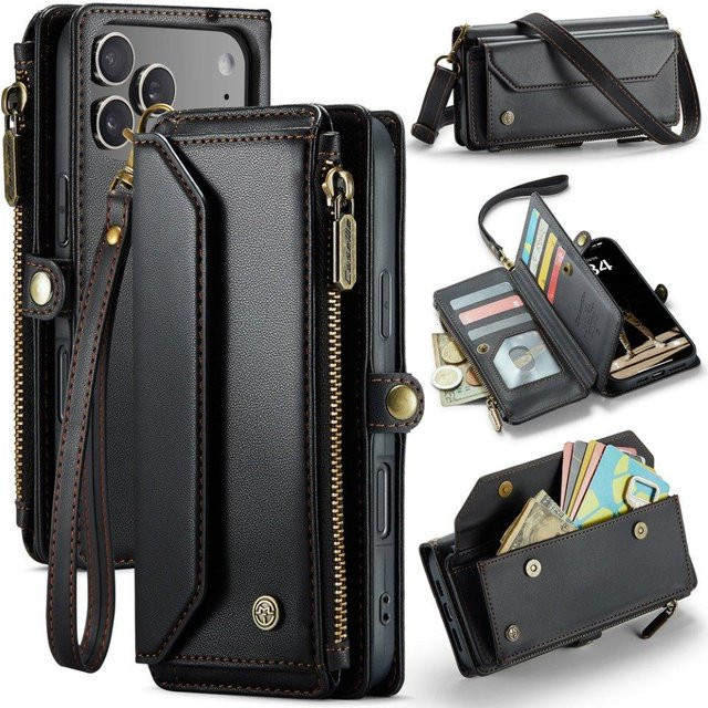 Mellow Home Lederhülle mit RFID-Schutz und Crossbody-Gurt für iPhone 17 Pro Max, iPhone 17 Pro und iPhone 17 Air, Geldbörse mit Reißverschluss in Schwarz - Bild 1