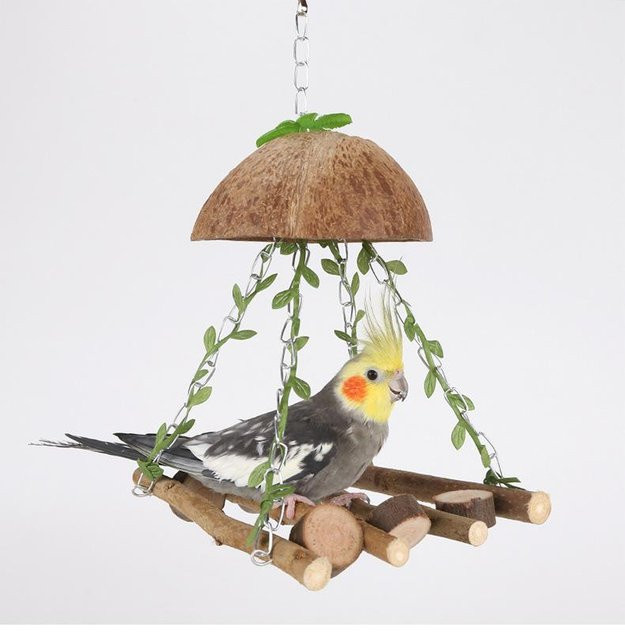 Yiran Furniture Papageiennest Vogelspielzeug gelb mit Tigerfell und Holz - Bild 1