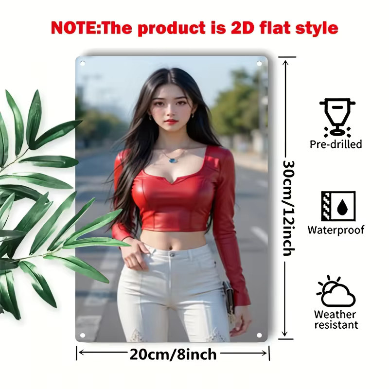 HELLOYOUNG Vintage Metallschild Wandkunst mit rotem Porträt einer koreanischen Schönheit für dein Home Cafe oder Bar Dekor - Bild 3
