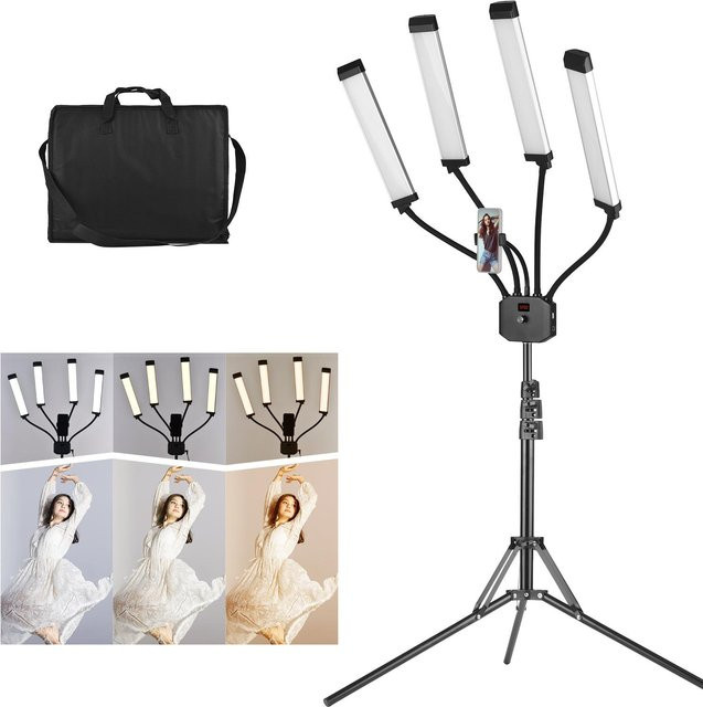 Andoer Flexible 4-Arme LED-Videoleuchte für Fotografie und Fülllicht, dimmbar 3200K-5600K mit Telefonhalter, Grau - Bild 1