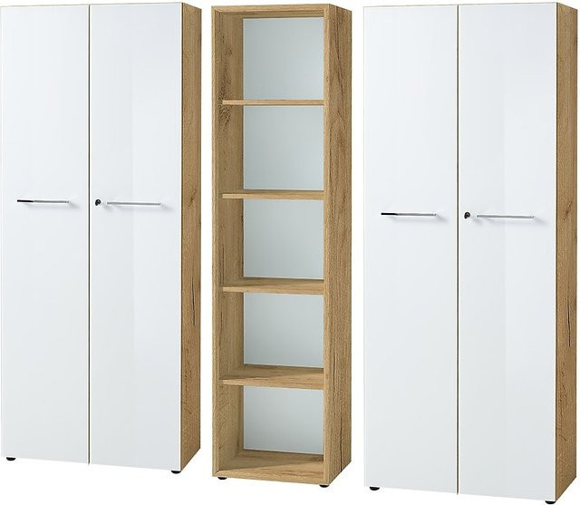 3-teiliges Büro-Set MUENCHEN von KADIMA DESIGN in Chalet-Eiche-Nb. und Weiß mit Glasfront und 2 abschließbaren Schränken sowie Regal, Breite: 240 cm - Bild 1