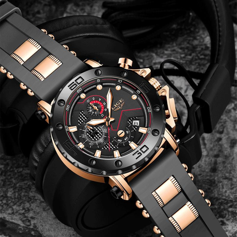 LIGE Armbanduhr, Digitaluhr, Quarz, Edelstahl, Silikon, Schwarz/Gold, Herren - Bild 6