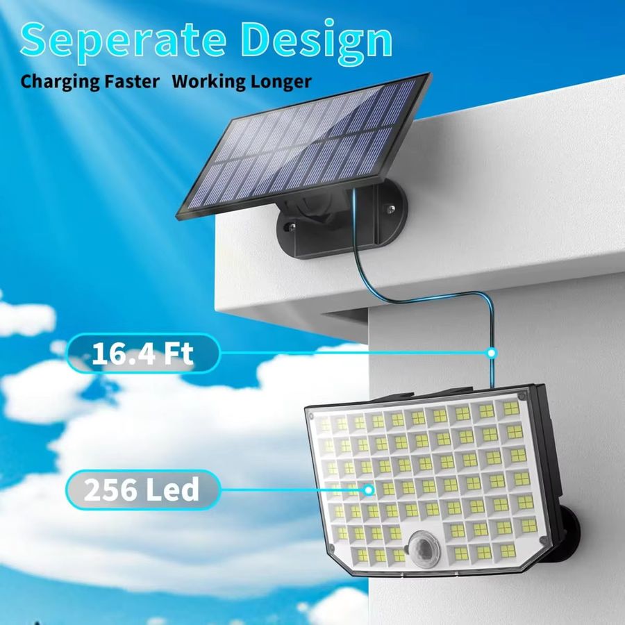 Swiatla LED Solar Flutlicht mit Bewegungsmelder und 256 LEDs, IP65 wasserdicht, 5 m Kabel, Sicherheitsleuchte aus ABS-Kunststoff für Hof und Garage - Bild 3