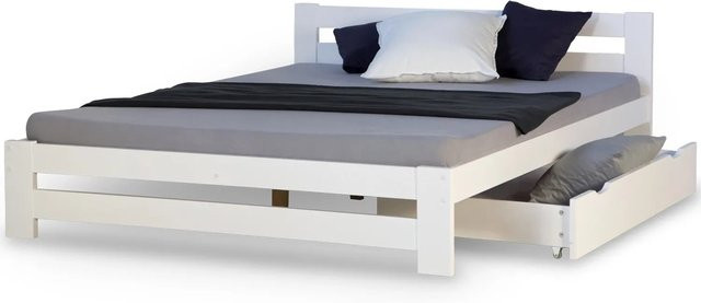 Homestyle4u Doppelbett aus Kiefernholz mit Kopfteil und Schubladen, Weiß lackiert, B/T/H: 144 x 204 x 140 cm - Bild 1
