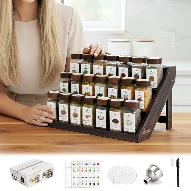 SAEIV Gewürzgläser Set aus Glas mit 3-stufigem Gewürzregal aus Massivholz - Bild 1