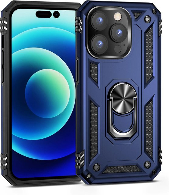 Stoßfeste Magnetische Schutzhülle für Apple iPhone 12 bis 16 Pro Max mit Metallring und Fingerhalter in Blau - Bild 1