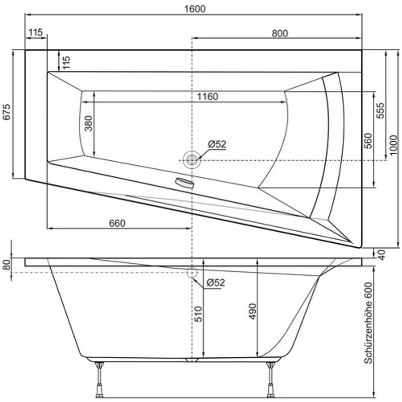 OTTOFOND Badewanne Galia I, asymmetrisch, rechts, weiss, B/H/L: 100 x 51 x 160 cm - Bild 3