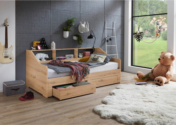 Relita Funktionsbett Rene ausziehbar mit 2 Schubladen und Regal, Eiche Artisan Dekor, Braun, B/T/H: 90 x 200 x 200 cm auf 180 x 200 cm Liegefläche