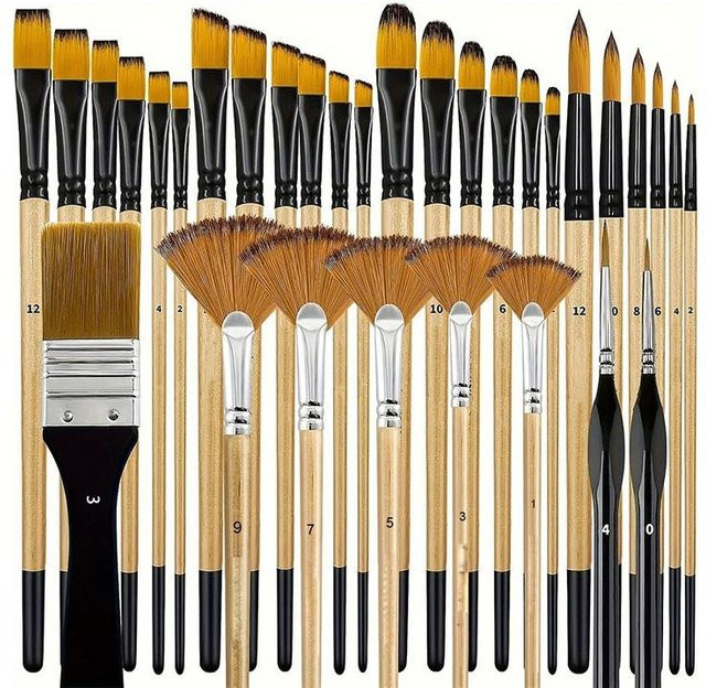 28/32-teiliges Acryl-Pinselset mit Nylonborsten in Mehrfarben, bestehend aus Rund-, Flach-, Fächer-, Winkel- und Detailpinseln - Bild 1