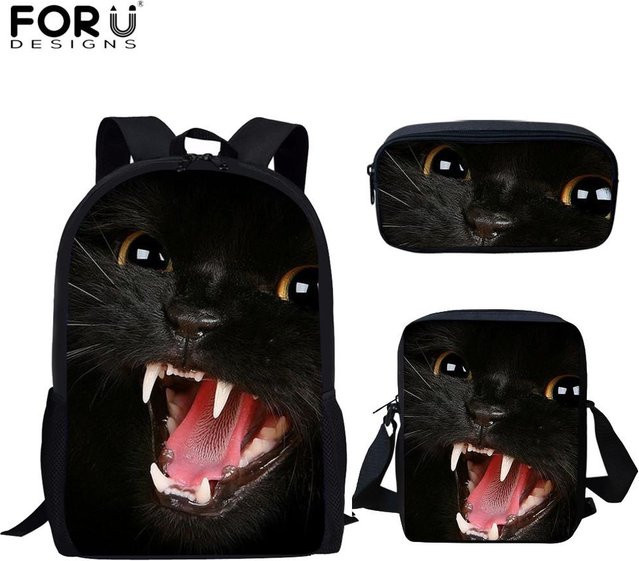 3-teiliges Schulranzen-Set mit Katzenmuster und 3D-Druck in Schwarz bestehend aus Rucksack, Brotdose und Federmäppchen - Bild 1