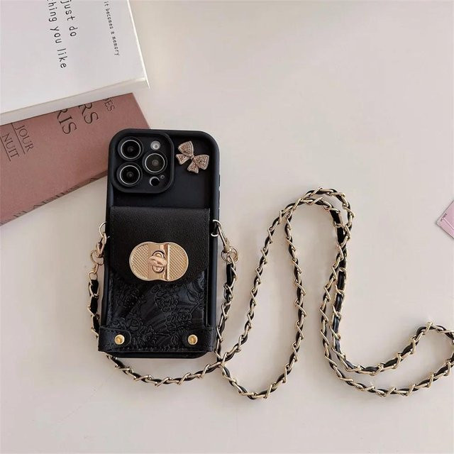 Crossbody Leder Geldbörse mit Kartenhalter und Handyhülle inklusive Lanyard für iPhone 16 15 14 13 12 11 Pro Max Plus in Schwarz - Bild 1