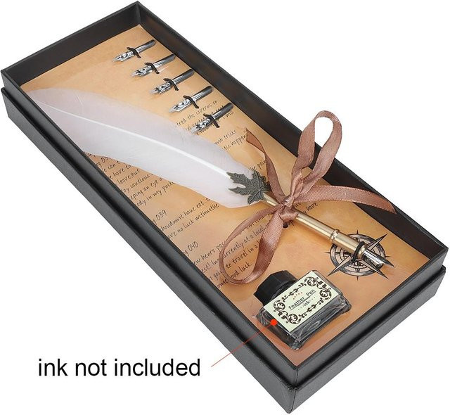 DIYelecs Retro Dip Schreibfeder Set aus Metall mit Edelstahlfedern in Weiß und Beige inklusive Verpackungsbox - Bild 1