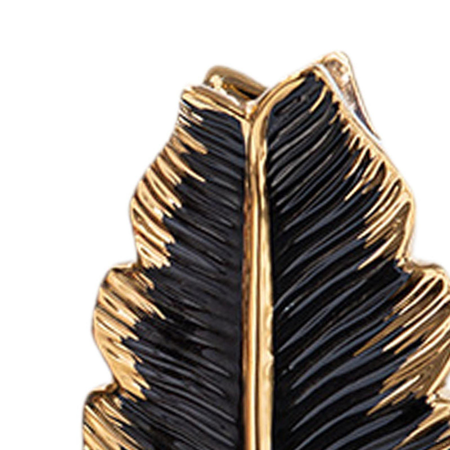 Dekorative Keramik-Blumenvase mit Blattstruktur als Desktop-Ornament in Gold und Schwarz - Bild 2