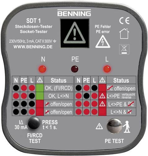 Benning SDT 1 Steckdosentester CAT III 300V mit LED und LCD in Grau - Bild 1