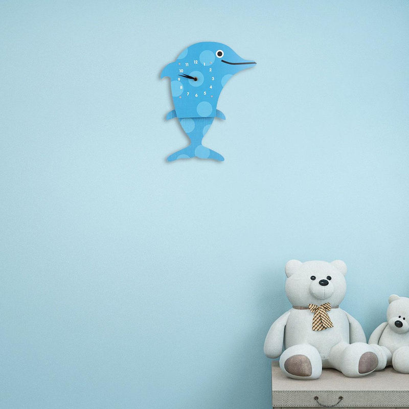 Tooarts Cartoon-Tieruhr mit schwingendem Delfin, geräuschlose Wanduhr aus Holz für das Kinderzimmer, Blau, B: 38 cm, H: 26,5 cm, T: 5,5 cm - Bild 3