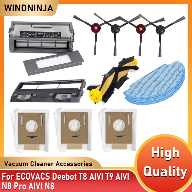 WINDNINJA Zubehör-Set für ECOVACS Deebot T8 T8 Max T8 AIVI T9+ N8 Pro N10 Plus mit Hauptbürste, Seitenbürste, Staubbeutel, Hepa-Filter und Staubbox aus Kunststoff - Bild 1