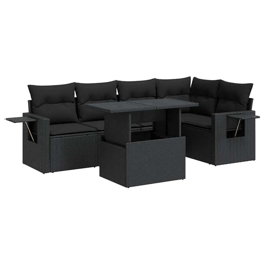 vidaXL 6-teilige Garten-Sofagarnitur in L-Form aus schwarzem Poly-Rattan mit Kissen und pulverbeschichtetem Stahlgestell - Bild 2