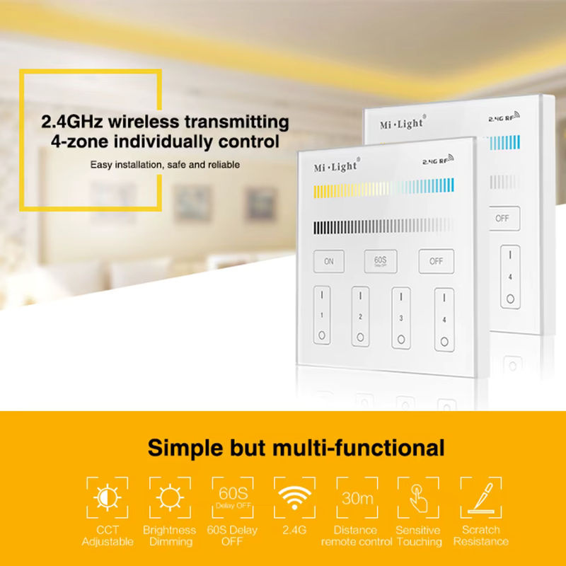 Miboxer T2 Dual White Touch Panel Fernbedienung für 4 Zonen, 2,4 GHz Dimmer zur Helligkeits- und Farbtemperaturregelung für LED-Lampen und Streifen - Bild 2
