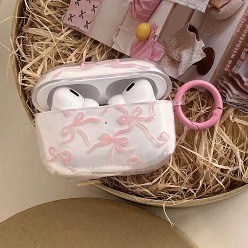 Stoßfeste Schutzhülle mit rosa Schleife und Schlüsselbund für Apple AirPods 1, 2, 3, Pro und Pro 2 Ladebox in Pink - Bild 2