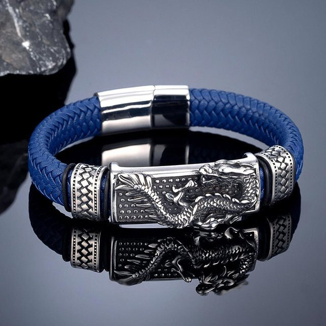Armband, geflochtenes Leder, blau, Edelstahl, Unisex, 19cm - Bild 1