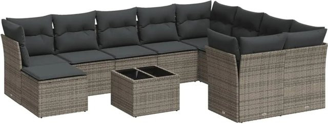 vidaXL 11-tlg Garten-Sofagarnitur aus grauem Poly-Rattan mit Kissen und pulverbeschichtetem Stahlgestell - Bild 1