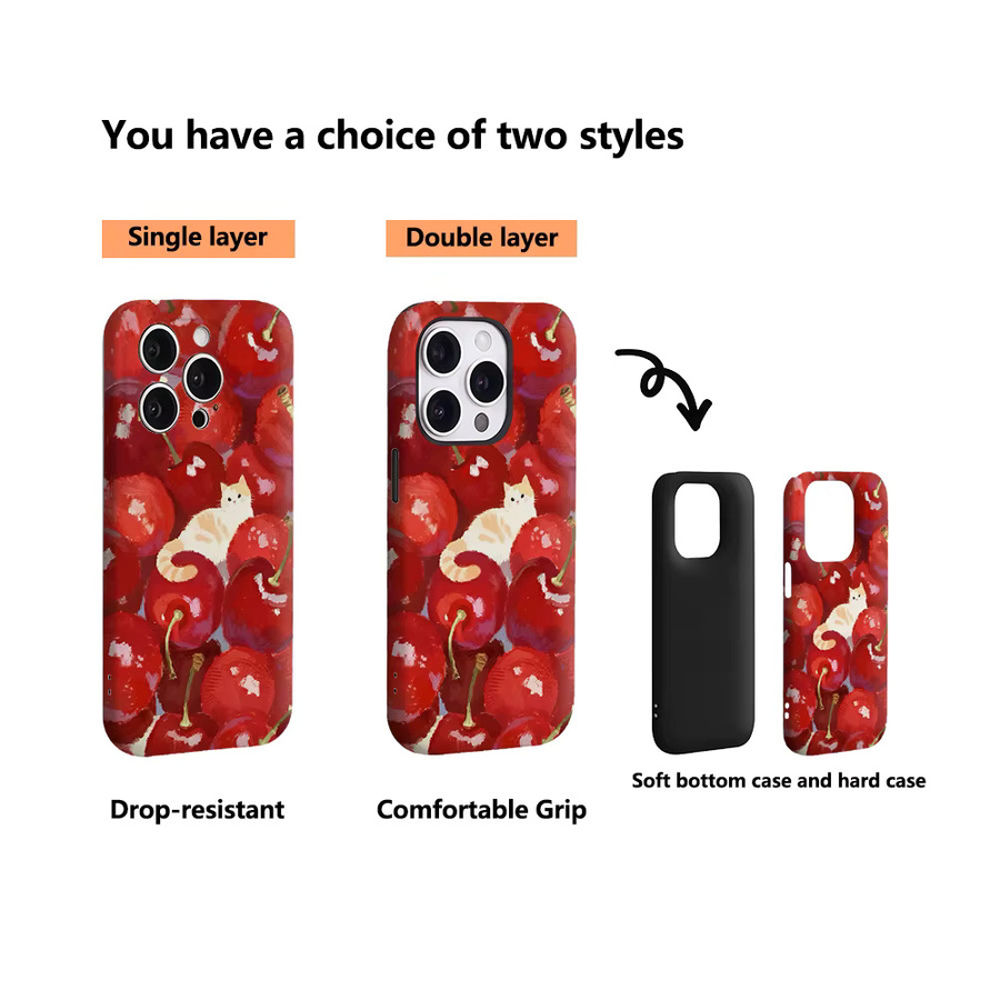 Potdemiel Handyhülle Cherry Cluster & Cream Tabby Cat für iPhone 17 16 15 14 13 Pro Max Plus mit doppelschichtiger Rückseite, Multicolor/Rot - Bild 3
