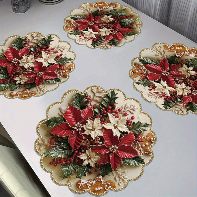 VIKAMA 4-teiliges Weihnachtsset aus Leinen mit floralem Design in Rot und Weiß für den Tisch - Bild 1