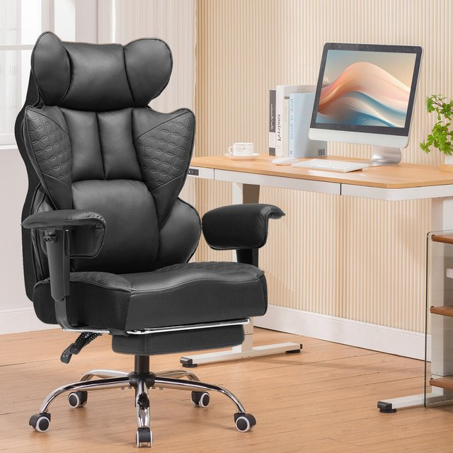 COMHOMA Gaming Stuhl aus Kunstleder mit verstellbaren Armlehnen und Kopfstütze, ergonomischer Bürostuhl mit Taschenfederkern-Lendenwirbelstütze, Schwarz/Braun - Bild 1