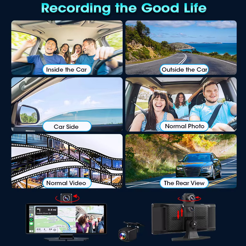 Develuck 4K Dashcam mit 10,26 Zoll Display, 360 Grad drehbarer Kamera, Carplay, Android Auto, Bluetooth 5.0 und GPS-Navigation, Schwarz - Bild 3