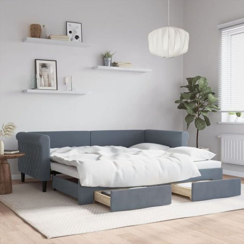 Vidaxl Funktionsbett aus Samt mit ausziehbarer Liegefläche und Schubladen in Anthrazit Grau B/T/H: 90 x 190 cm - Bild 1
