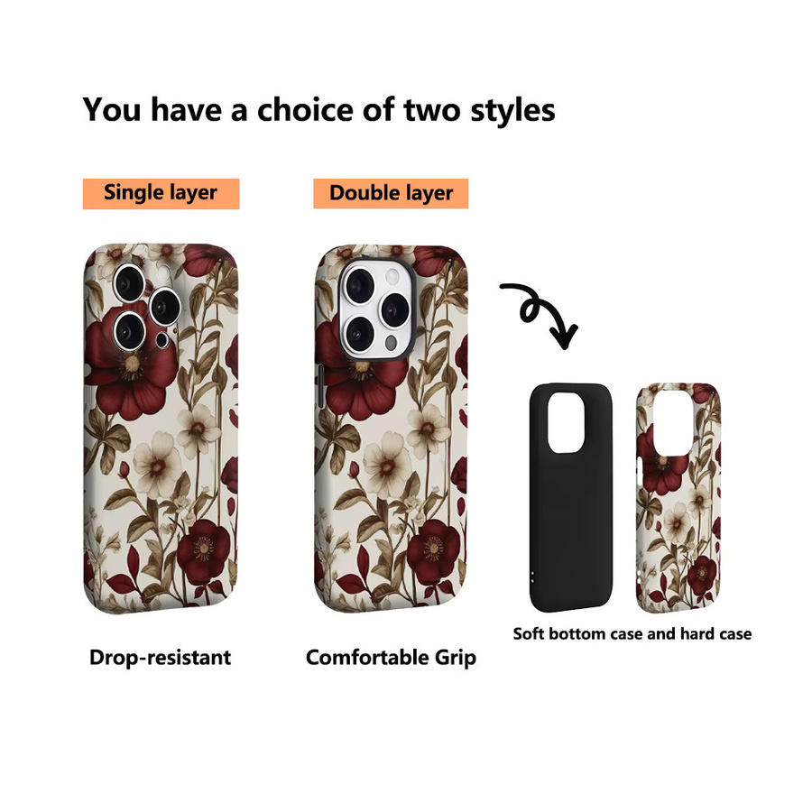 Burgundy Floral Elegance Handyhülle für iPhone 17 16 15 14 13 12 11 Pro Max Plus mit doppelschichtiger Rückseite in Rot und Multicolour - Bild 3