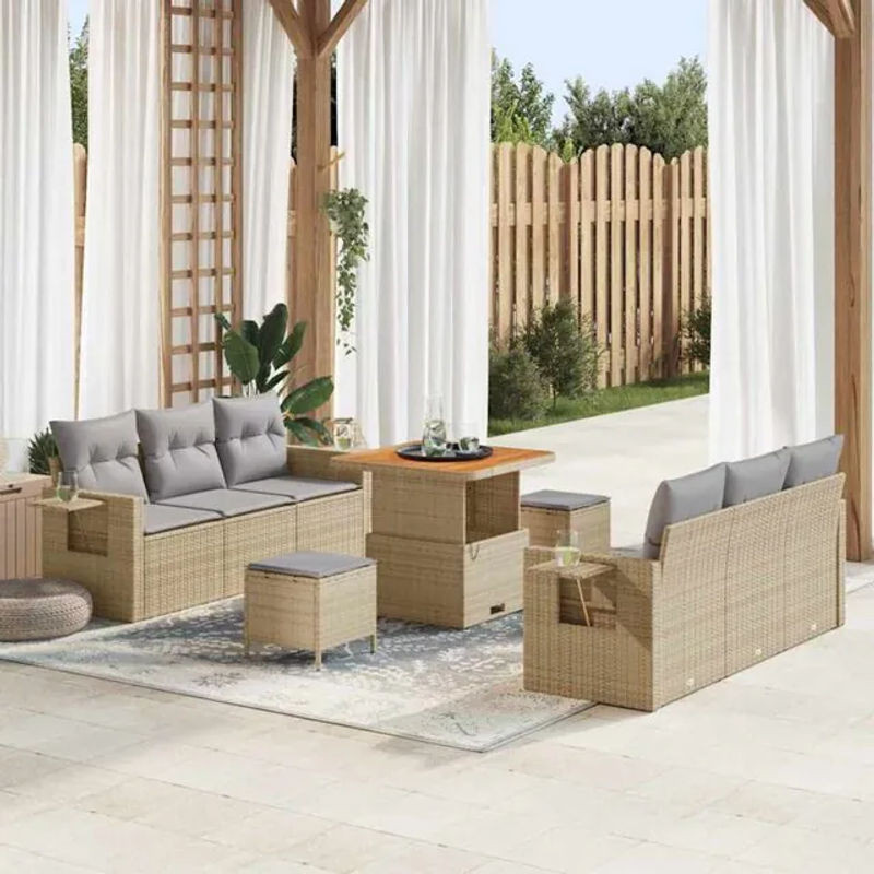 vidaXL Garten-Sofa-Set aus 9 Teilen aus Polyrattan in Beige und Grau mit Akazie- und Stahlgestell, B/T/H: 80 x 80 x 71 cm - Bild 1