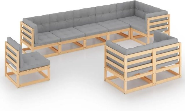 vidaXL 9-teiliges Garten-Lounge-Set aus massivem Kiefernholz mit grauen Polstern - Bild 1