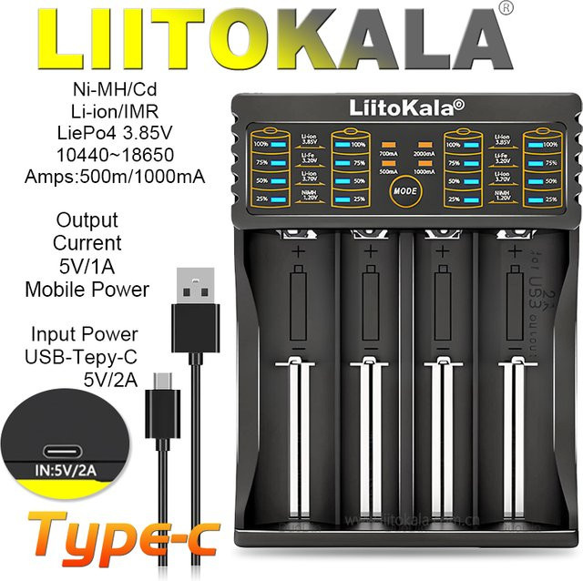 LiitoKala Lii 402 LED-Batterieladegerät in Schwarz mit automatischer Erkennung und Überladeschutz für 18650, 26650, AA und AAA Akkus - Bild 1