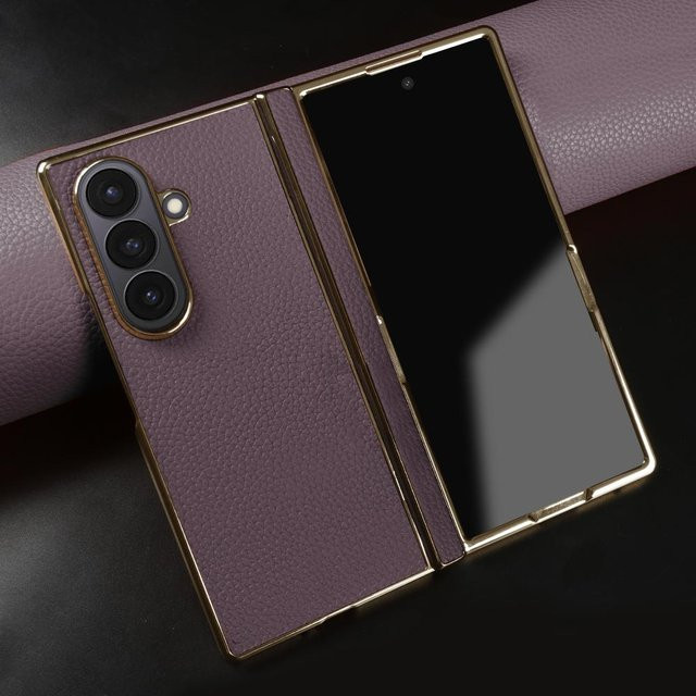 Lychee Echte Lederhülle für Samsung Galaxy Z Fold 7, Z Fold 6, Z Fold 4 und Z Fold 3 in Purple - Bild 1