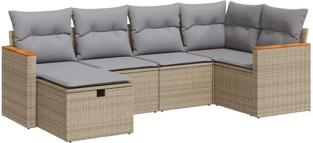 vidaXL 6-teilige Garten-Sofagarnitur aus Polyrattan in Beige mit Kissen und Ottoman im L-Shape Design - Bild 1