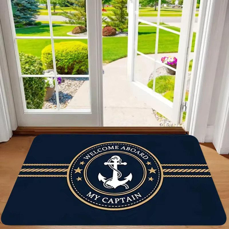 VIKAMA Nautische Anker-Fußmatte Welcome Aboard My Captain, rutschfester und waschbarer Eingangsteppich in Marineblau, B/T: 80 x 50 cm - Bild 2